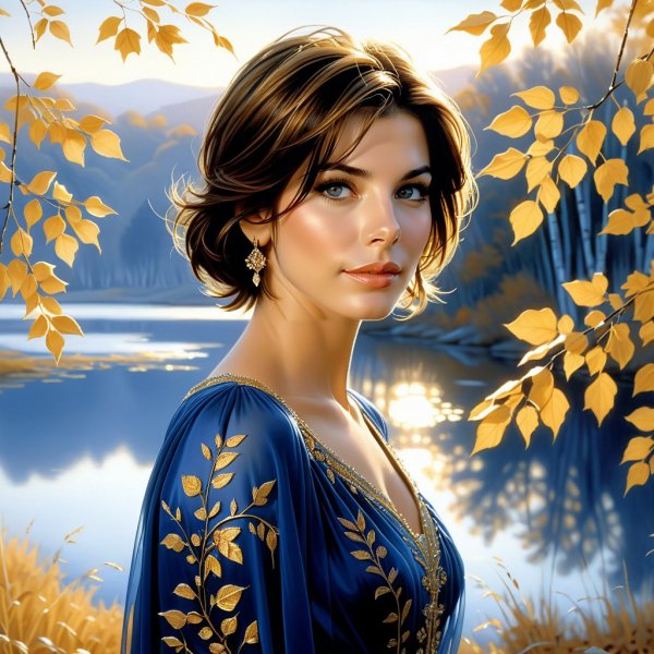 Молодая Сандра Буллок на рассвете у озера в шелковом платье. Изображение из нейросети Stable Diffusion