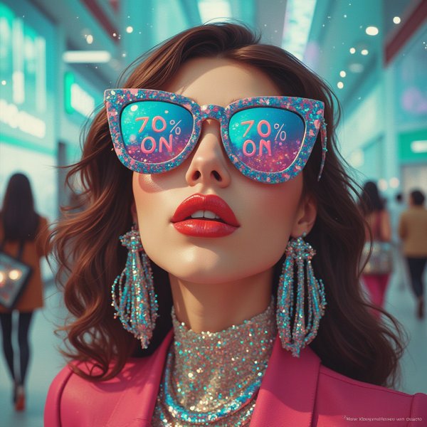 Яркая распродажа: мода, стиль и блеск большого города. Изображение из нейросети Flux.1