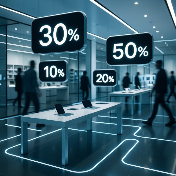 Современный магазин электроники и цифровые скидки в стиле Apple TV. Картинка из нейронной сети Sora Image