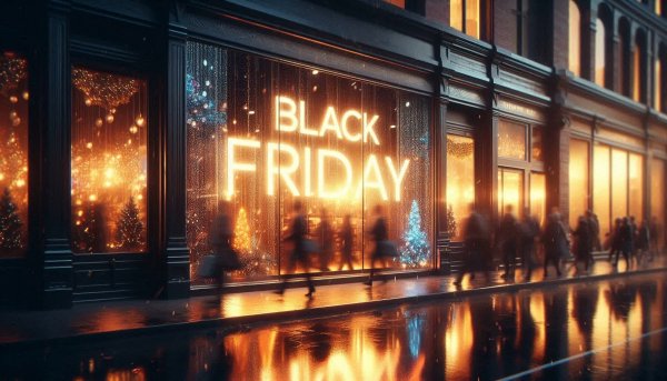 Черная пятница: отражение праздничной суеты в витрине. Генерация из нейронной сети Dalle