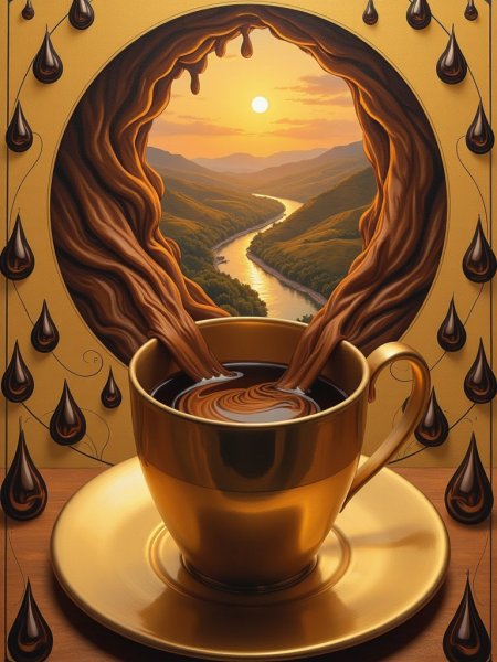 Кофе как отражение: сюрреалистический пейзаж внутри чашки. Изображение из нейронной сети Flux