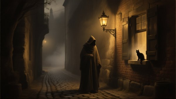Таинственный силуэт в старинном переулке под светом фонаря. Нейросеть Qwen Image