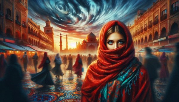 Загадочная незнакомка на рынке в багряном шарфе: городской импрессионизм и тайна. Картинка из нейросети Dalle