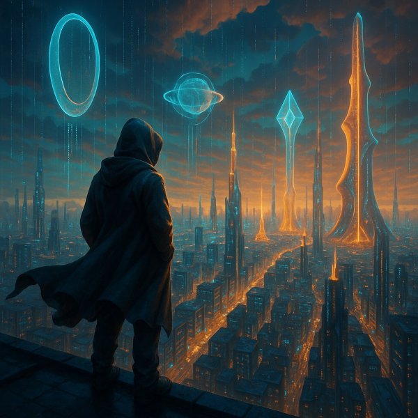 Загадочный наблюдатель в неоновом мегаполисе будущего. Картинка из нейронной сети Sora Ai Images