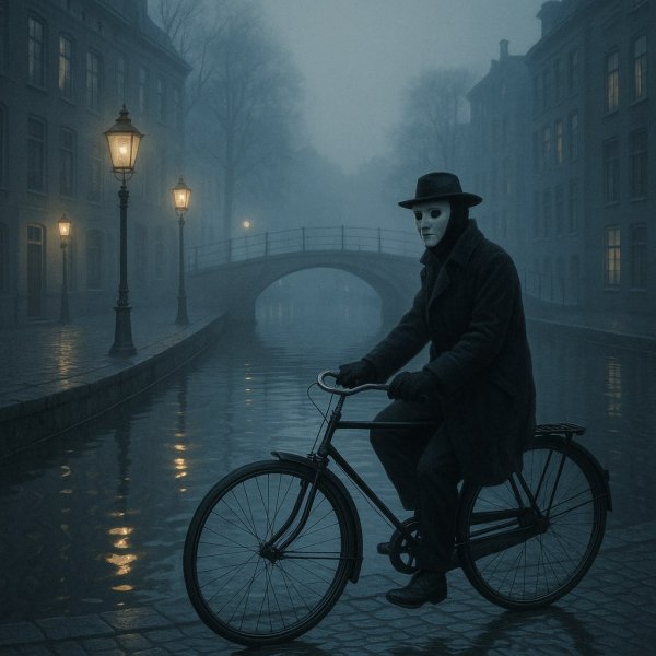 Загадочный велосипедист в туманных каналах старого города. Изображение из нейросети Sora
