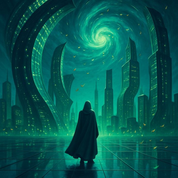 Загадочный силуэт в стеклянном городе будущего. Нейросеть Sora Ai Images