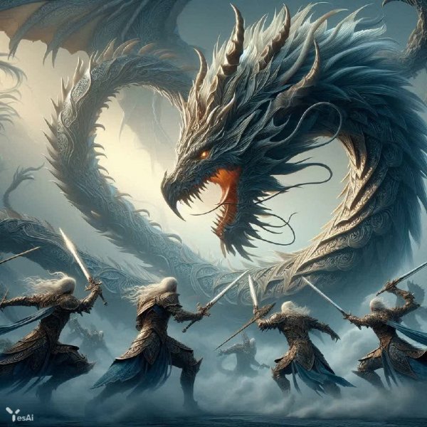 Битва с туманным драконом и отважными воинами. Картинка из нейронной сети Dalle