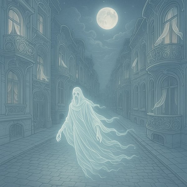 Призрачный путник на заброшенном бульваре в стиле модерн, под лунным светом. Нейросеть Sora