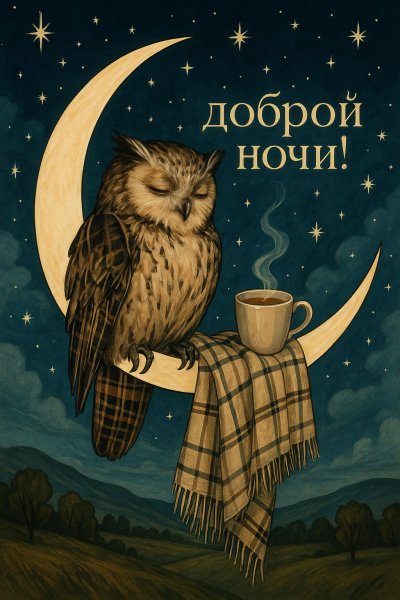 Сновидческая лунная поляна с мудрым сонным филином и умиротворяющим чаепитием. Изображение из нейросети Sora images Ai