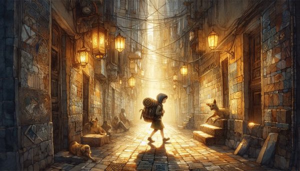Таинственный ребёнок в лабиринте старых улочек и мягкого света Миядзаки. Картинка из нейронной сети Dalle