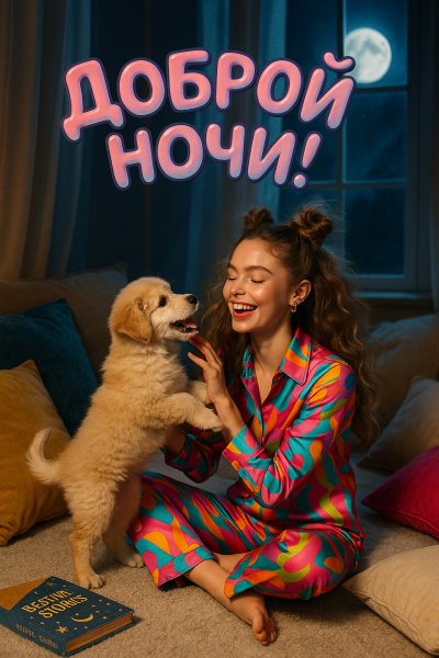 Сказка перед сном: девочка и щенок в лунном свете. Нейросеть Sora Ai Images
