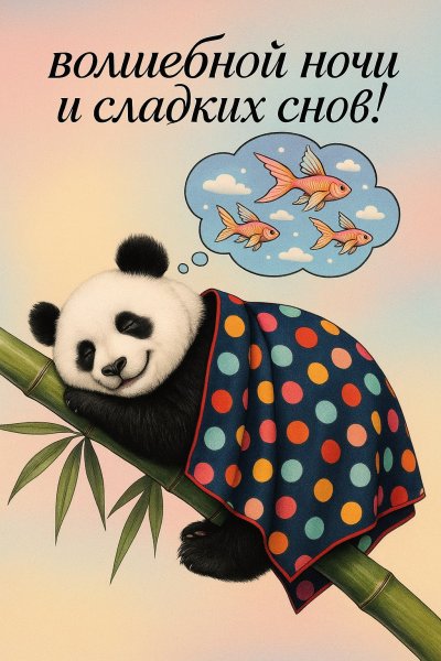 Панда в объятиях сна: волшебная ночь и мечты о рыбах. Генерация из нейросети Sora Image