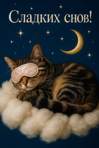 Котик во сне: волшебная сказка о сладких снах и звездной ночи. Изображение из нейросети Sora images Ai