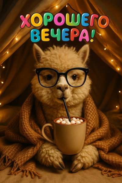 Альпака с горячим какао в уютной крепости из одеял и волшебным светом вечера. Изображение из нейронной сети Sora images Ai