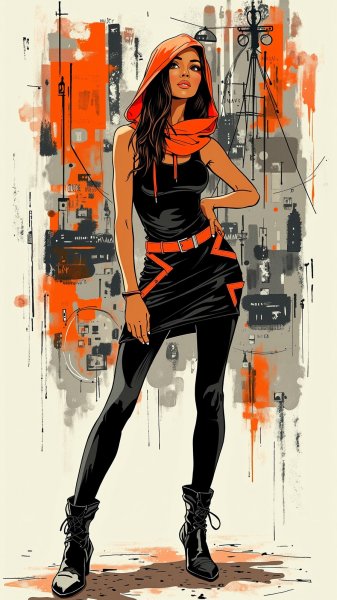 Яркий образ городской модницы в неоновых акцентах и уличным искусством. Картинка из нейросети Flux Ai