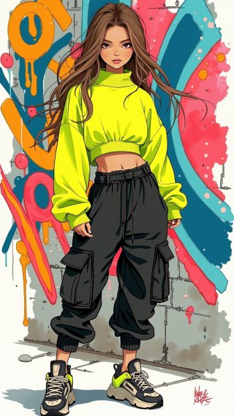 Стильная городская мода: уверенный взгляд в неоновом свете. Нейронная сеть Flux.1