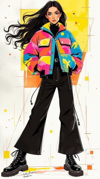 Яркий образ в неоновых цветах и стильной одежде. Картинка из нейросети Flux 1