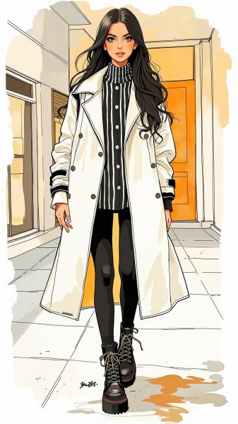 Неоновый стиль: городская мода в oversize пальто и массивных ботинках. Картинка из нейронной сети Flux.1