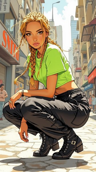 Неоновый образ: энергия и стиль городской модели в черном топе и брюках карго. Картинка из нейронной сети Flux Ai