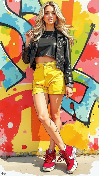 Стильная мода: яркий образ на фоне граффити. Нейронная сеть Flux.1