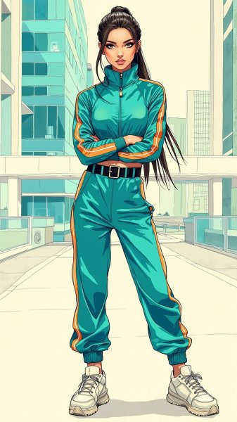 Стильный образ: яркий спортивный лук в современном городе. Изображение из нейронной сети Flux