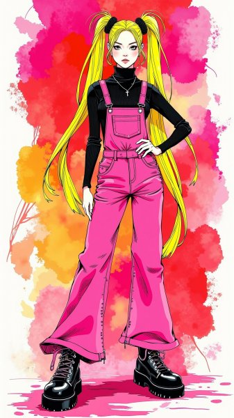 Яркий образ в неоновых overalls и массивных ботинках. Изображение из нейронной сети Flux.1