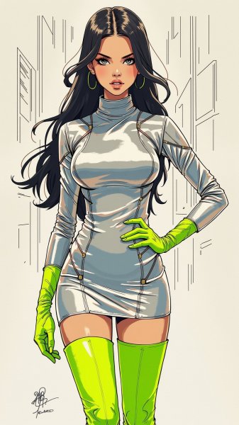 Стильный силуэт: серебряное платье и неоновый акцент. Картинка из нейронной сети Flux