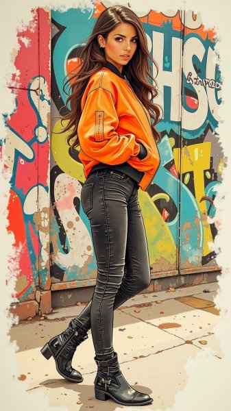 Яркий образ: стильная модель в оранжевой куртке и черных джинсах. Генерация из нейронной сети Flux.1
