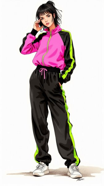 Яркая мода: неоновый образ в черном и розовом трексуте. Картинка из нейросети Flux 1