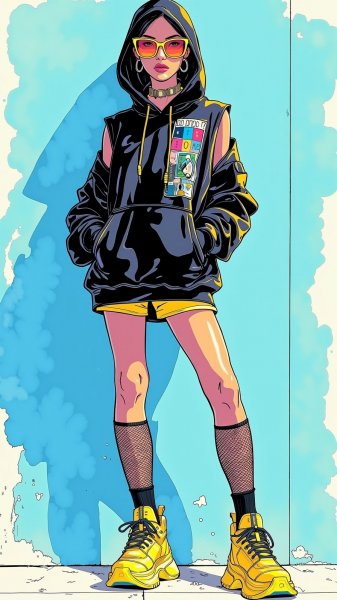 Неоновая мода: дерзкий силуэт в черном худи и ярких акцентах. Генерация из нейросети Flux Ai