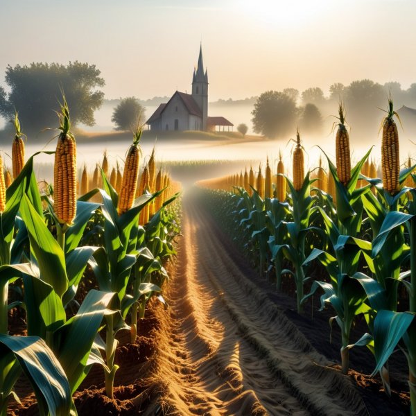 Загадочная деревенская панорама в утреннем тумане и солнечных лучах. Генерация из нейронной сети Стейбл Дифьюжн