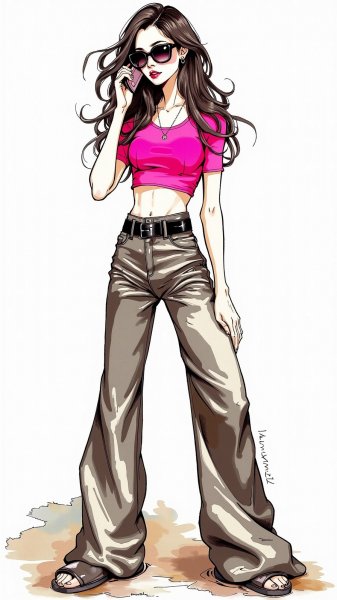 Яркий образ в розовом топе и широких брюках с металлическим блеском. Картинка из нейросети Flux 1