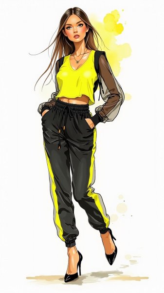 Яркий образ: неоновый лук с топом и спортивным костюмом. Картинка из нейросети Flux 1