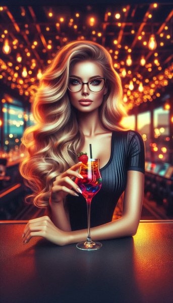 Вечерний город: стильная женщина и коктейль в руках. Генерация из нейронной сети Dalle-3