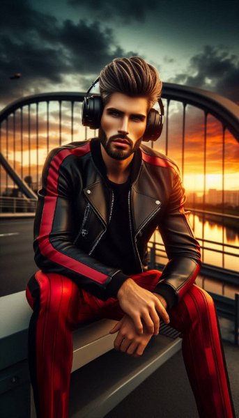 Мужчина в красном: драма заката и музыкальный настрой. Изображение из нейронной сети Dalle