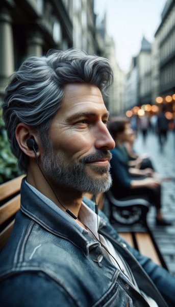 Мужчина в наушниках: спокойствие среди городской суеты. Нейронная сеть Dalle