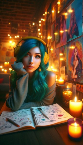 Вдохновение в уютной атмосфере: девушка с необычным стилем и музыкой. Картинка из нейросети Далли 3