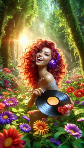 Девушка в наушниках танцует с виниловой пластинкой в солнечном лесу среди цветов. Изображение из нейросети Dalle