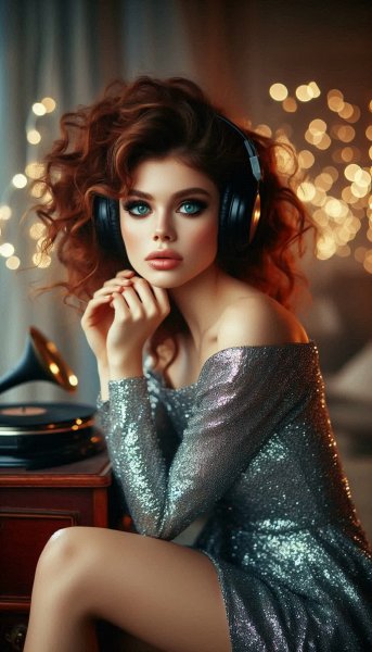 Мечта в серебре: девушка и волшебство музыки. Нейросеть Dalle