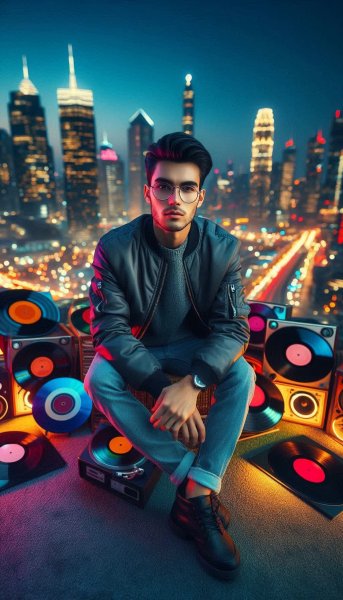 Молодой человек на крыше с винилом и музыкой. Генерация из нейросети Dalle-3