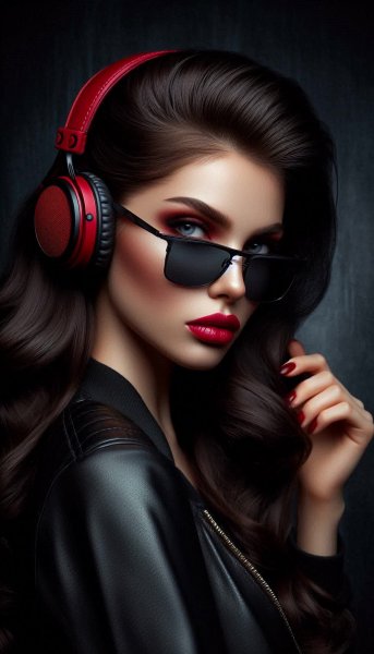 Стильная девушка в кожаной куртке и наушниках. Генерация из нейронной сети Dalle 3