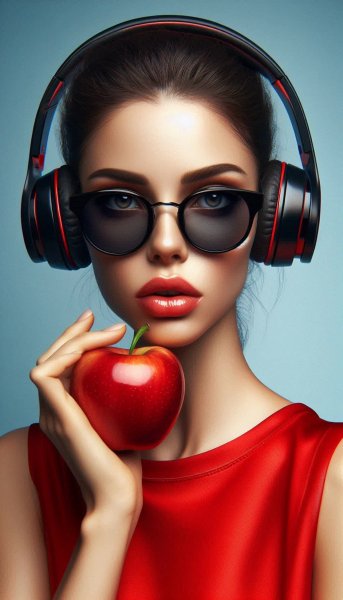 Яблочный поп-арт: стильный образ современной девушки в красном. Картинка из нейросети Dalle