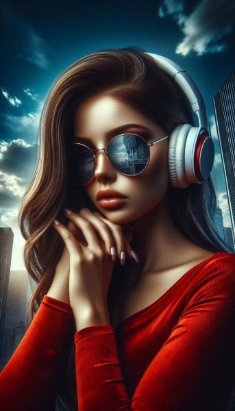 Размышления в наушниках: городской портрет молодой женщины. Картинка из нейросети Dalle 3