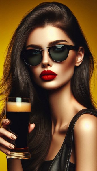 Стильная девушка с темными волосами и красной помадой наслаждается пивом в ярком свете. Картинка из нейросети Dalle 3