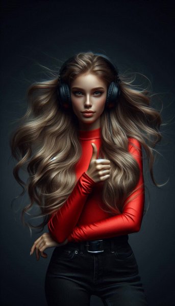 Блондинка в красном: музыкальный настрой и уверенный взгляд в кадре. Картинка из нейросети Dalle 3