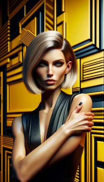 Уверенность и стиль: портрет женщины в жёлто-чёрной геометрии. Картинка из нейросети Dalle