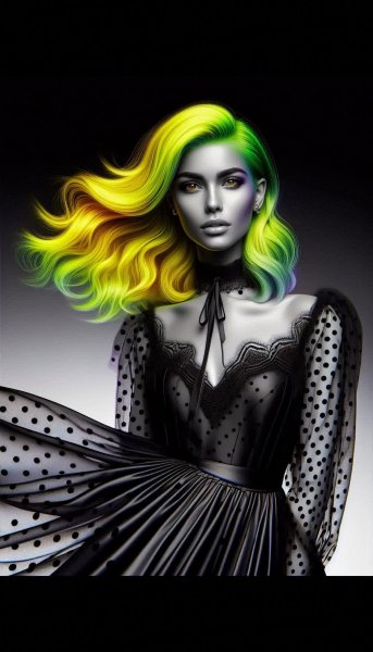 Яркая мода: женщина с неоново-желтыми волосами и гороховым платьем. Картинка из нейронной сети Dalle 3