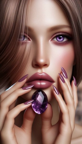 Фиолетовая элегантность: губы, ногти и аметист в деталях. Генерация из нейронной сети Dalle 3