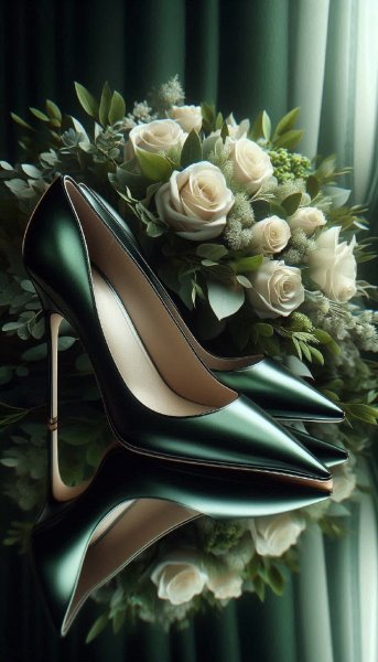 Изысканные туфли в темно-зеленом цвете с букетом белых роз и зелени. Изображение из нейронной сети Dalle 3