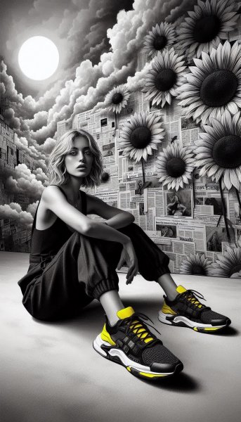 Девушка в полосатом костюме на фоне газетных вырезок и облаков. Изображение из нейросети Dalle 3